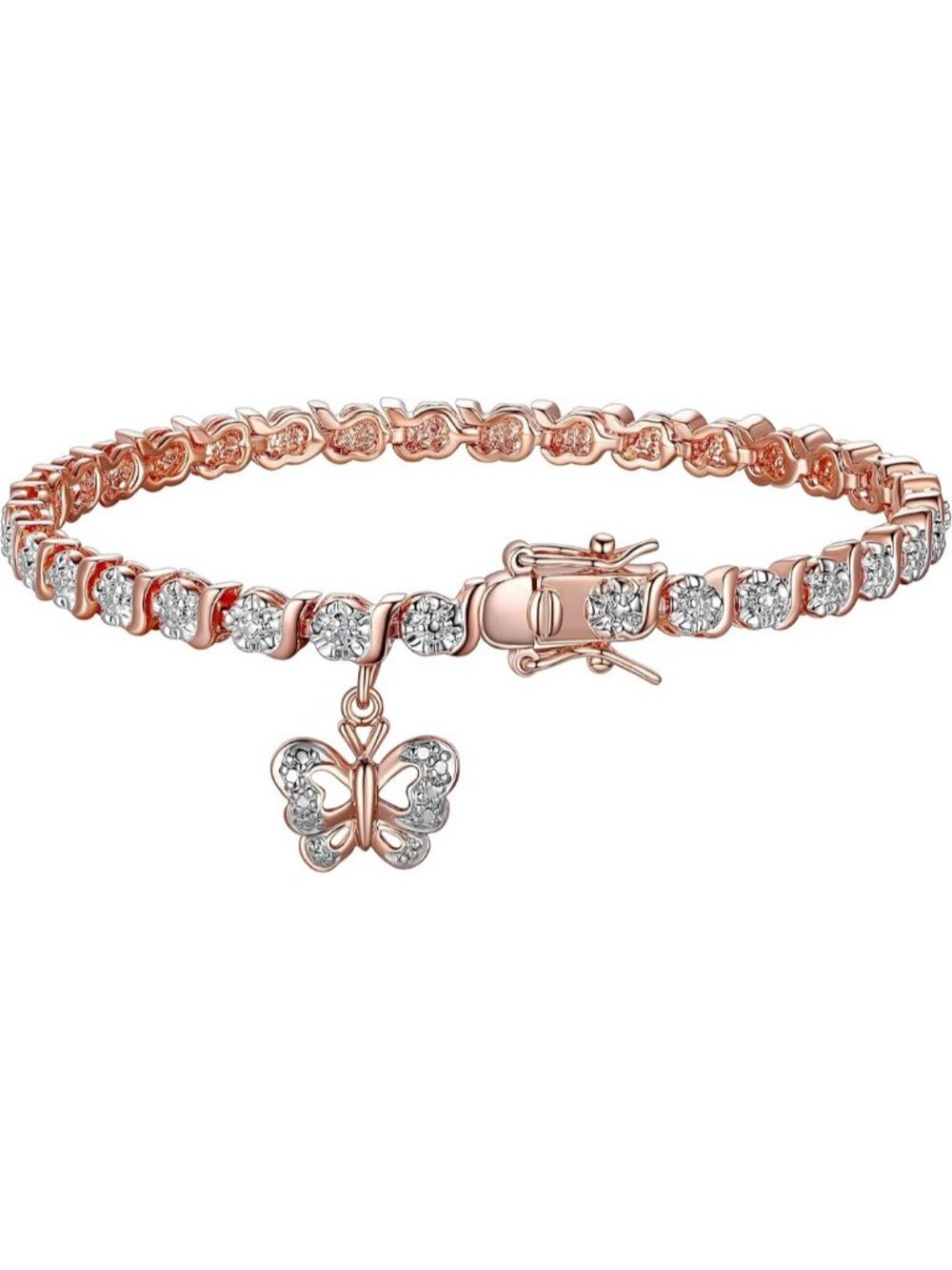 Butterfly Charm Rose Gold, Plated Diamond Accent Tennis Bracelet  S-Link Chain